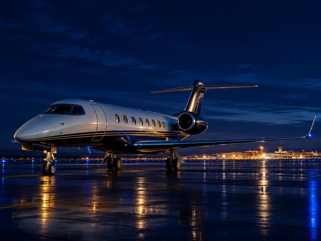 Private jet on a runway at night